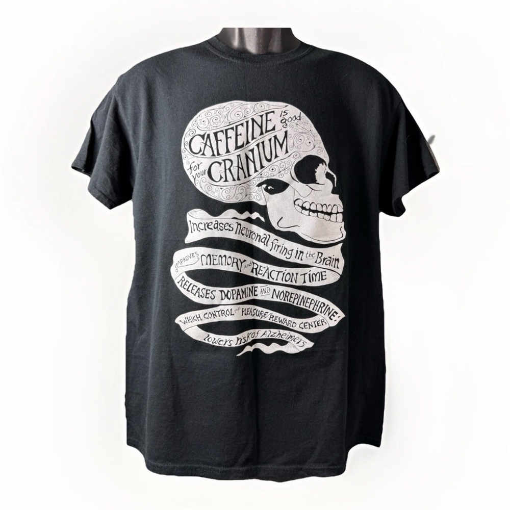 Caffeine Is Good For Your Cranium Skull T-Shirt Green Salmon Coffee Black Mens M